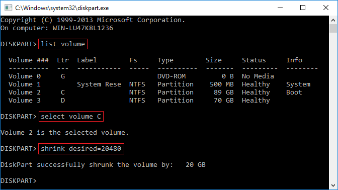Diminuir com diskpart
