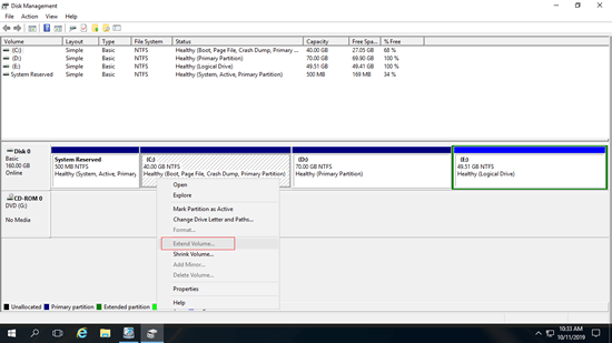 Estender Volume desabilitado