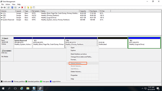 Estender Volume desabilitado