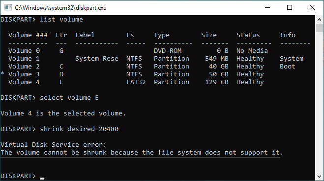 Erro ao reduzir com Diskpart
